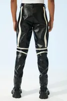 Men Faux Leather Striped-Trim Pants in Black, 33