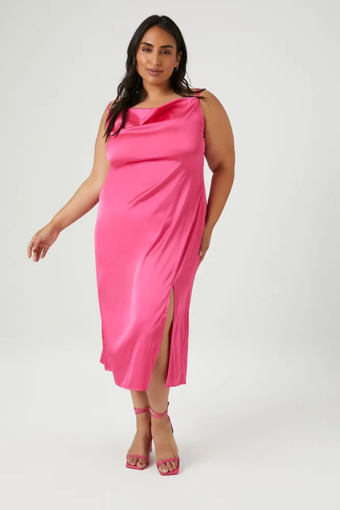 Women's Satin Cowl Slip Dress in Pink, 2X