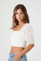 Women's Sweater-Knit Puff-Sleeve Top in White Small