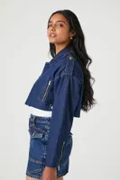 Women's Cropped Denim Zip-Up Moto Jacket Medium