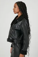 Women's Faux Leather Belted Moto Jacket in Black Small