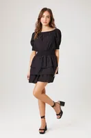 Women's Smocked Puff-Sleeve Mini Dress in Black Small