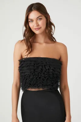 Women's Ruffle Mesh Tube Top in Black Small