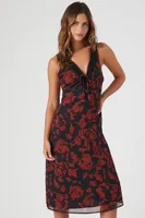 Women's Floral Print Lace-Trim Midi Dress in Black, XS