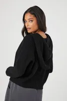 Women's Cable-Knit Drawstring Hoodie in Black, XS