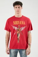 Men Distressed Nirvana Graphic Tee in Burgundy Large