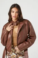 Women's Belted Faux Leather Moto Jacket in Brown Large