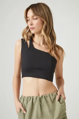 Women's One-Shoulder Cutout Crop Top in Black Small