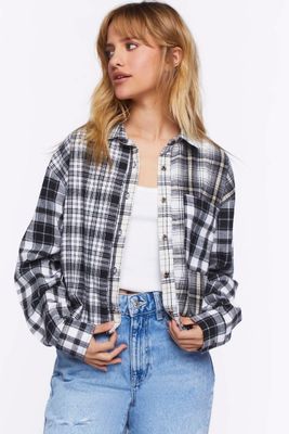 Women's Reworked Mixed Plaid Flannel Shirt in White Small