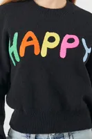 Women's Happy Graphic Sweater in Black, XS