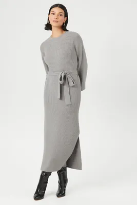 Women's Tie-Front Midi Sweater Dress in Grey, XL