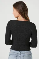 Women's Glitter Sweater-Knit Crop Top in Black/Silver, XL
