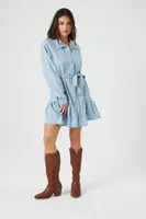 Women's Denim Tie-Front Mini Shirt Dress in Light Denim Large