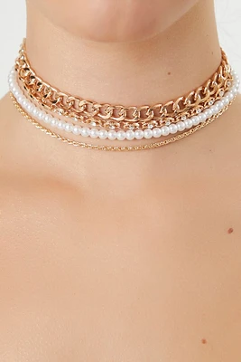 Women's Layered Choker Necklace in Cream/Gold