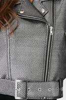 Women's Faux Leather Metallic Moto Jacket in Silver/Black Large