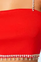 Women's Sweater-Knit Rhinestone-Trim Crop Top in Red Small