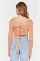 Women's Lace-Up Cropped Cardigan Sweater in Tan Small