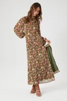 Women's Floral Print Cowl Neck Maxi Dress in Green Small