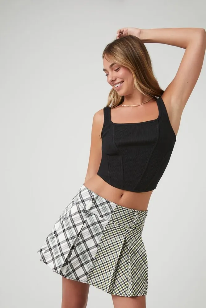 Women's Pleated Reworked Plaid Mini Skirt in White Small