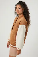 Women's Corduroy Varsity-Striped Bomber Jacket Brown