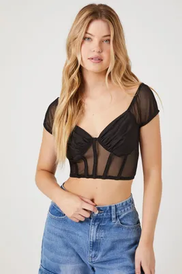 Women's Sheer Mesh Crop Top in Black, XL