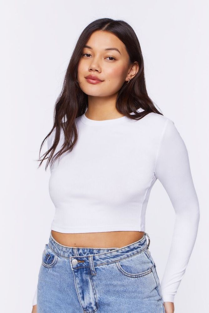 Women's Ribbed Knit Long-Sleeve Crop Top in White, XXL