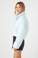 Women's Cropped Layered-Sleeve Puffer Jacket in Light Blue Large