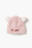 Girls Fuzzy Knit Cat Beanie (Kids) in Pink