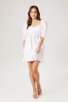 Women's Poplin Puff-Sleeve Babydoll Dress in White, XS