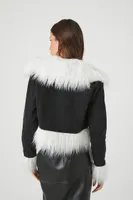 Women's Cropped Faux Fur Denim Jacket in Black/White Small