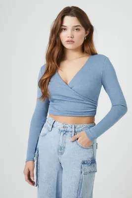 Women's Tie-Back Wrap Crop Top in Blue Large