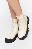 Women's Faux Leather Lug Combat Boots Cream/Black,