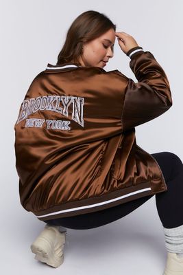 Women's Brooklyn New York Bomber Jacket in Brown, 1X