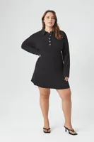 Women's Waffle Knit Shirt Mini Dress in Black, 1X