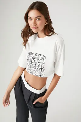 Women's Cropped New York Graphic T-Shirt in White/Black, XL
