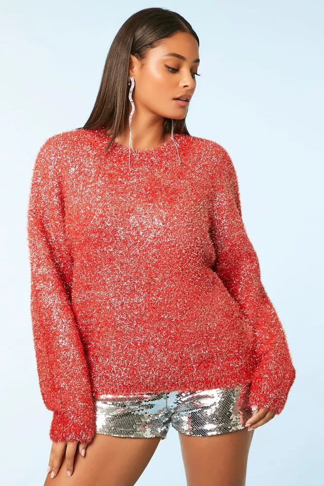 Women's Metallic Knit Sweater in Fiery Red Large