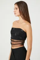 Women's Sequin Mesh Tube Top in Black, XL