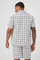 Men Linen-Blend Geo Print Shirt in White/Black Large