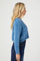 Women's Fuzzy Cardigan Sweater in Dusty Blue Small