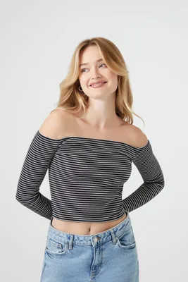 Women's Striped Off-the-Shoulder Crop Top Black/White