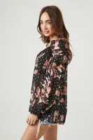 Women's Sheer Floral Print Top in Black Small