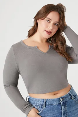 Women's Split-Neck Crop Top in Grey, 3X