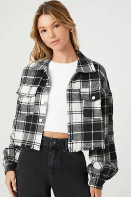 Women's Cropped Plaid Flannel Shirt in Black/White Large