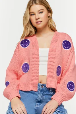 Women's Happy Face Patch Cardigan Sweater in Coral Medium