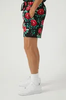 Men Rose Print Drawstring Shorts in Black, XL