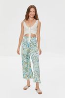 Women's Paisley Print Paperbag Satin Pants in Aqua Large