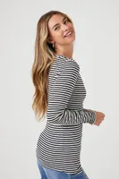 Women's Striped Ribbed Knit Long-Sleeve Top in Black/White Small