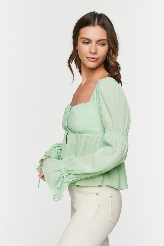 Women's Marie-Sleeve Split-Front Top in Light Green Medium