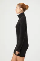 Women's Turtleneck Mini Sweater Dress in Black, XL