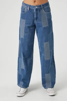 Women's Patchwork Mid-Rise Baggy Jeans Denim,